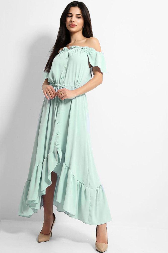 Green Frilled Trims Off Shoulder Dip Hem Dress