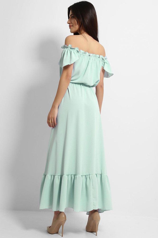 Green Frilled Trims Off Shoulder Dip Hem Dress