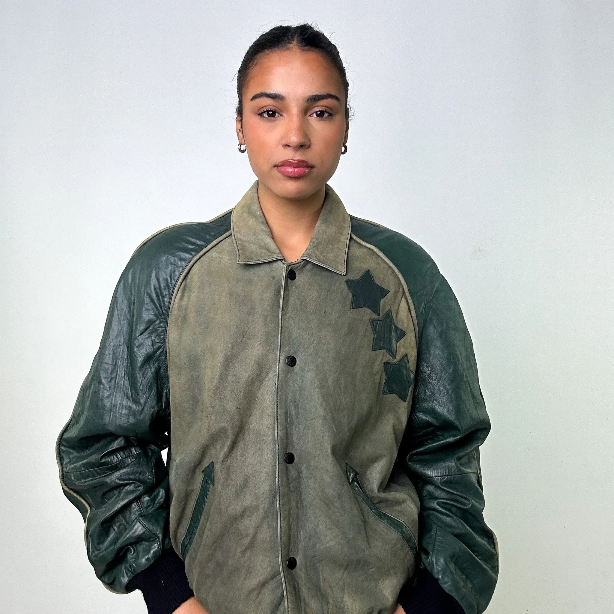 Green Vintage North Beach Leather Jacket Coat (M)