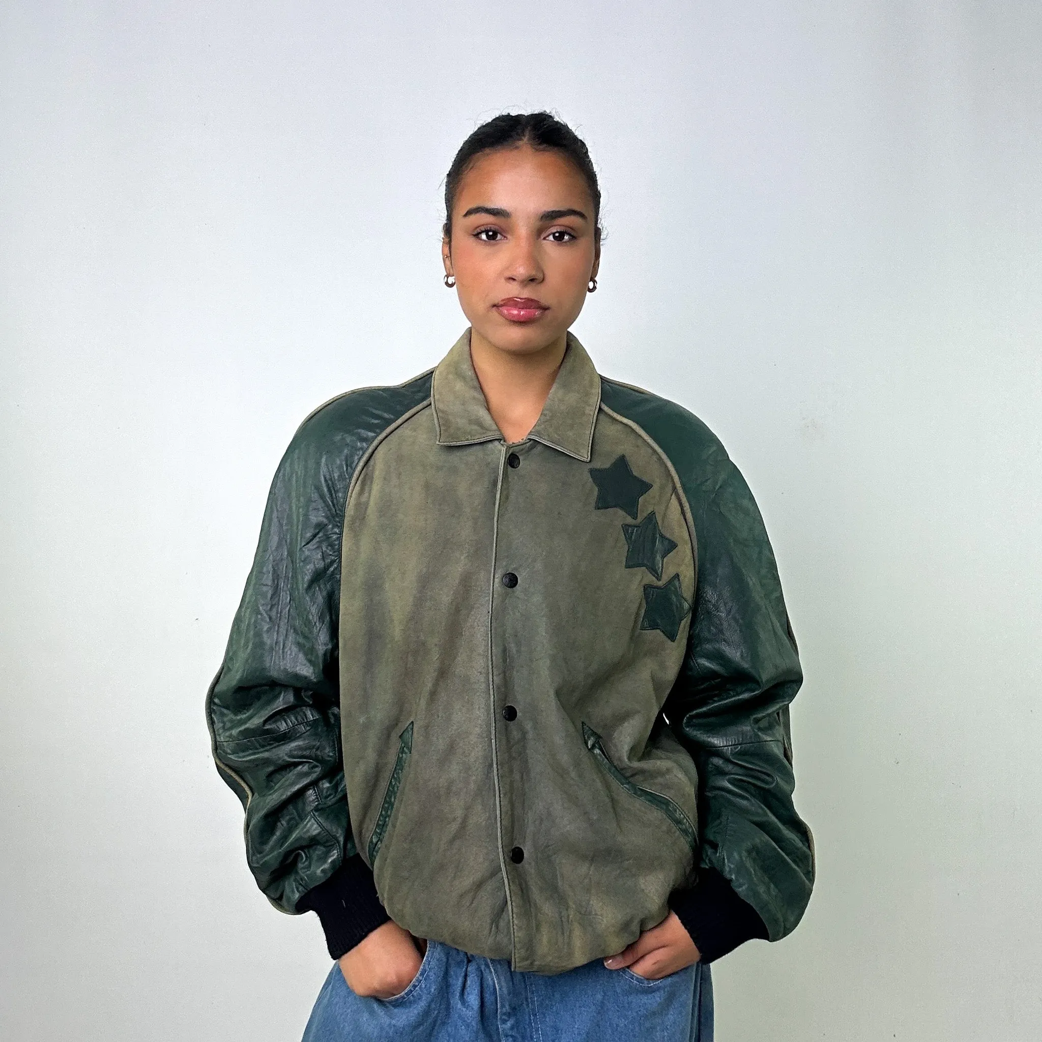 Green Vintage North Beach Leather Jacket Coat (M)