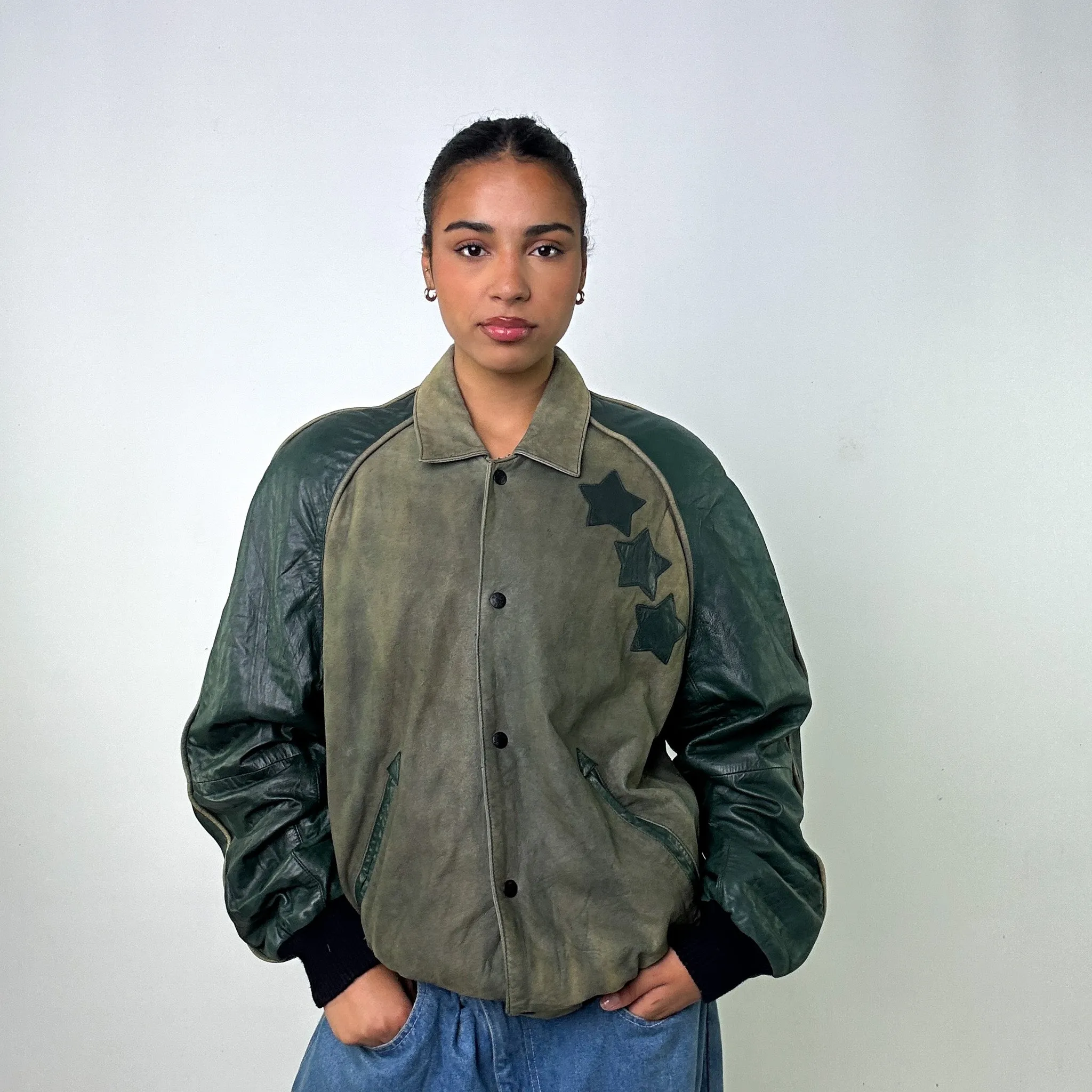 Green Vintage North Beach Leather Jacket Coat (M)