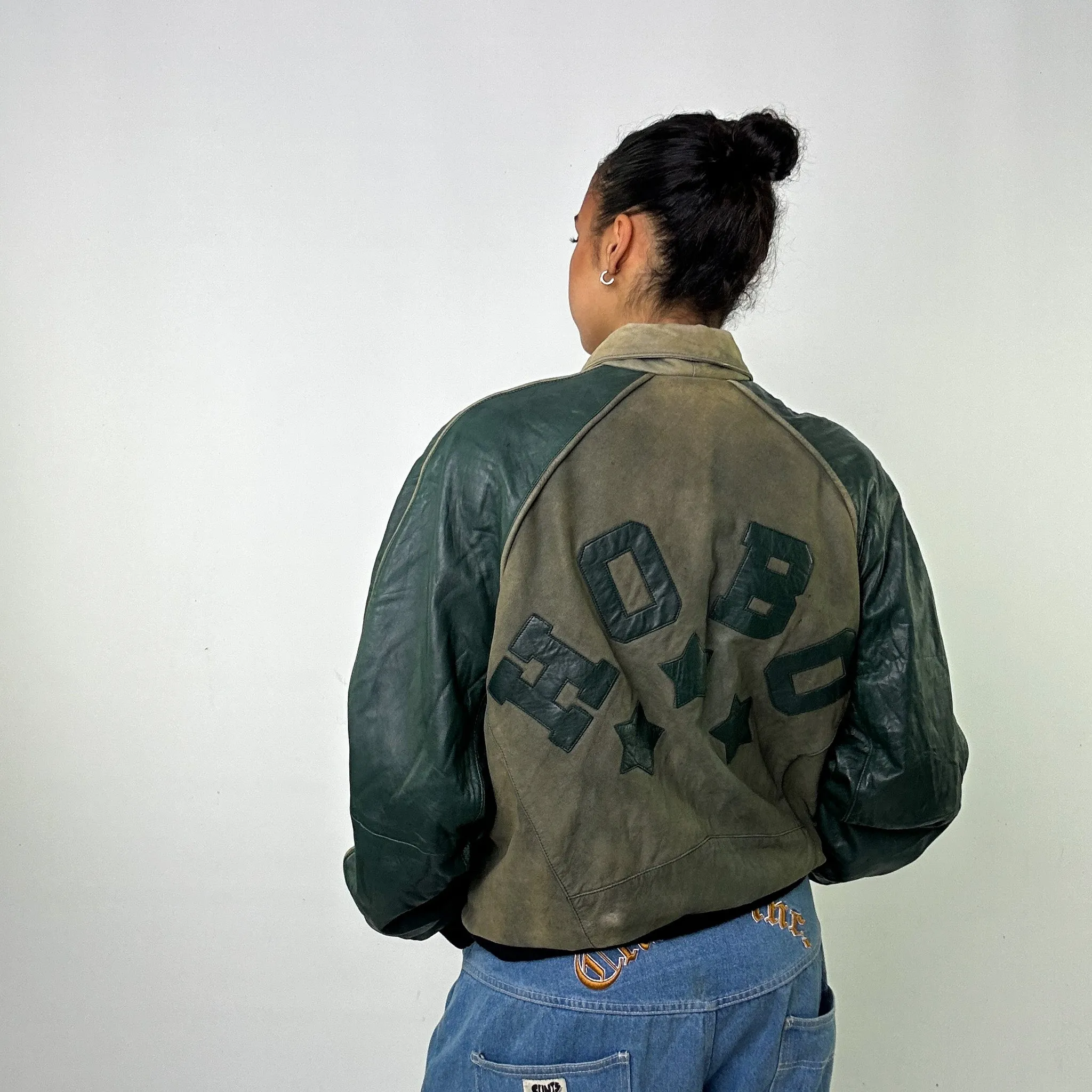 Green Vintage North Beach Leather Jacket Coat (M)