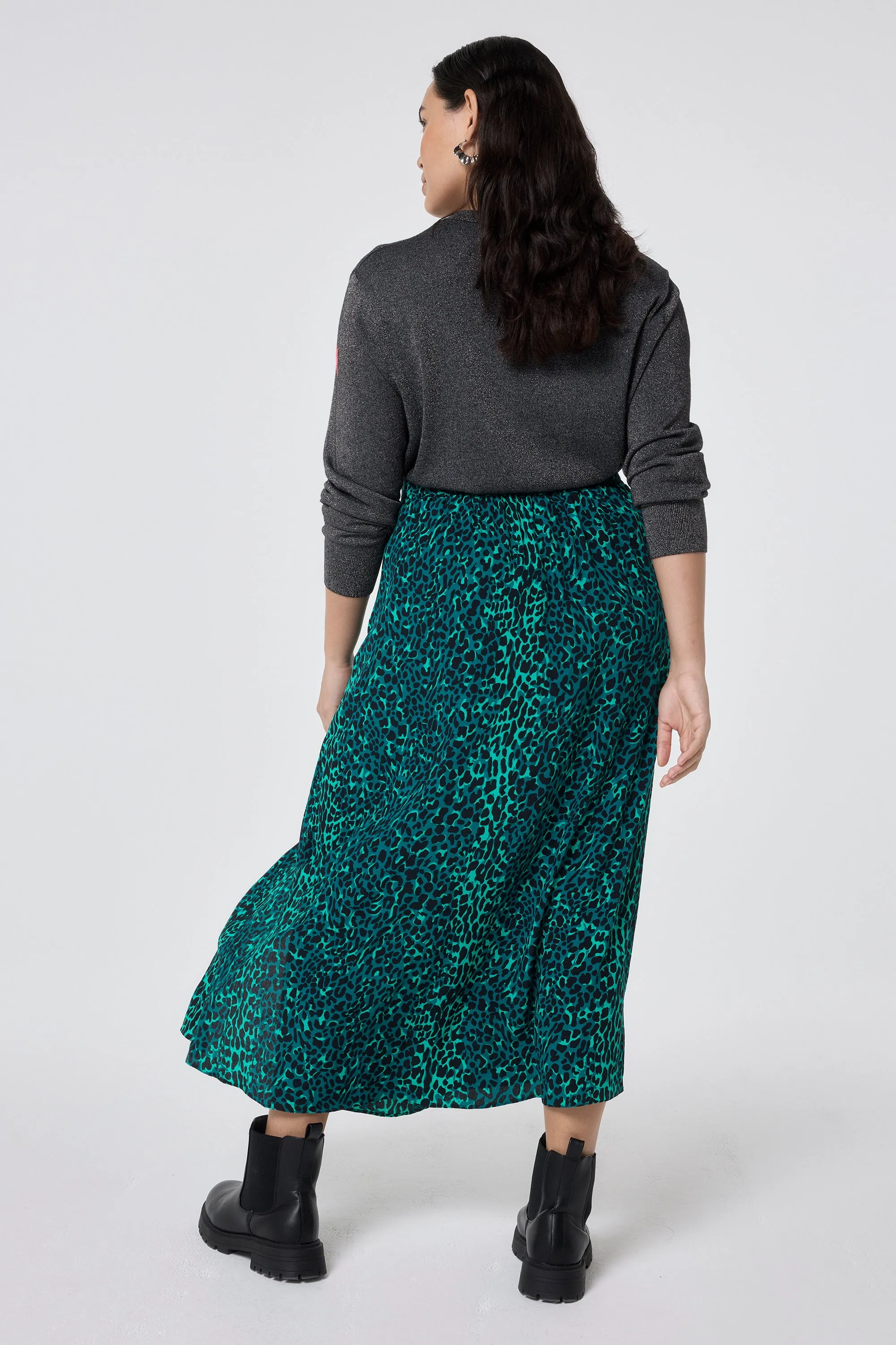 Green with Black Wild Leopard Side Split Skirt