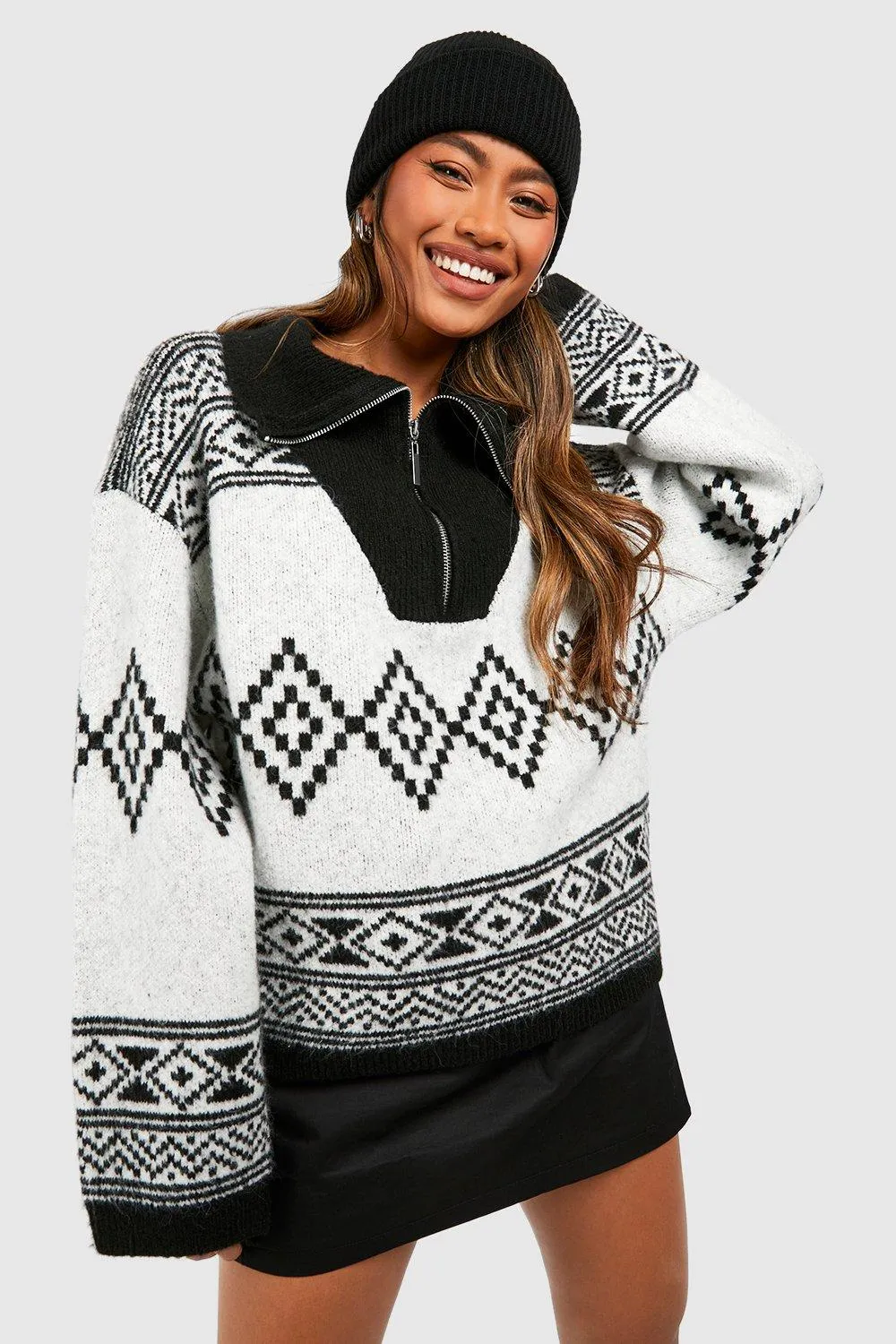 Half Zip Aztec Print Oversized Sweater