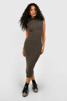 High Neck Sleeveless Mixed Rib Knit Sweater Dress