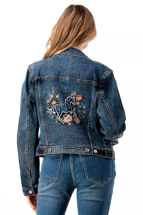 Horse /Floral Embroidery Denim Jacket