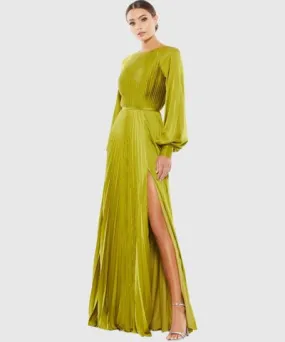 Ieena for Mac Duggal Green Pleated High Neck Raglan Long Sleeve Side Slit Wedding Guest Maxi Gown In