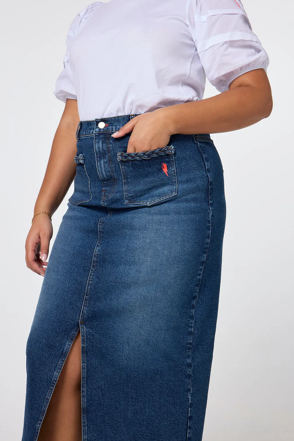 Indigo Denim Split Front Maxi Skirt