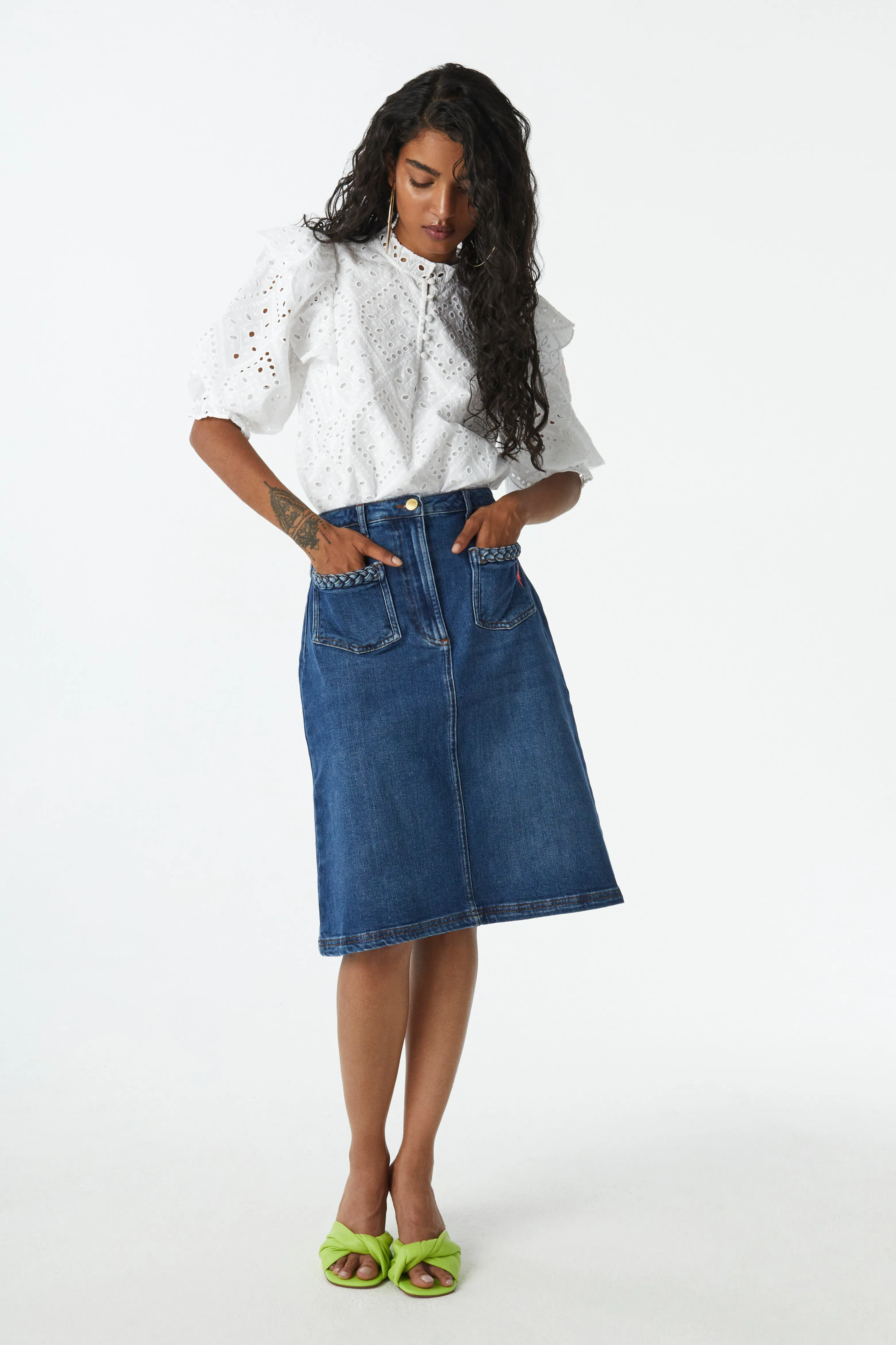 Indigo Plait Detail A-Line Denim Skirt