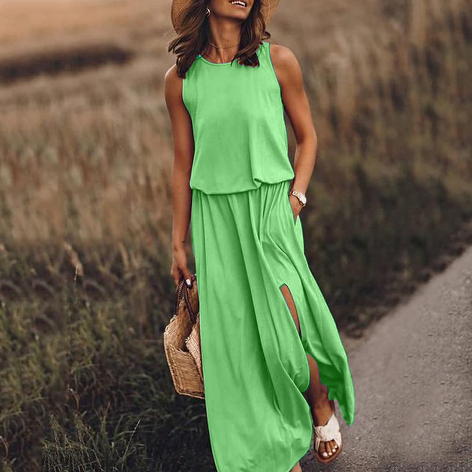 INSTOCK - summer women's round neck sleeveless dress with slit