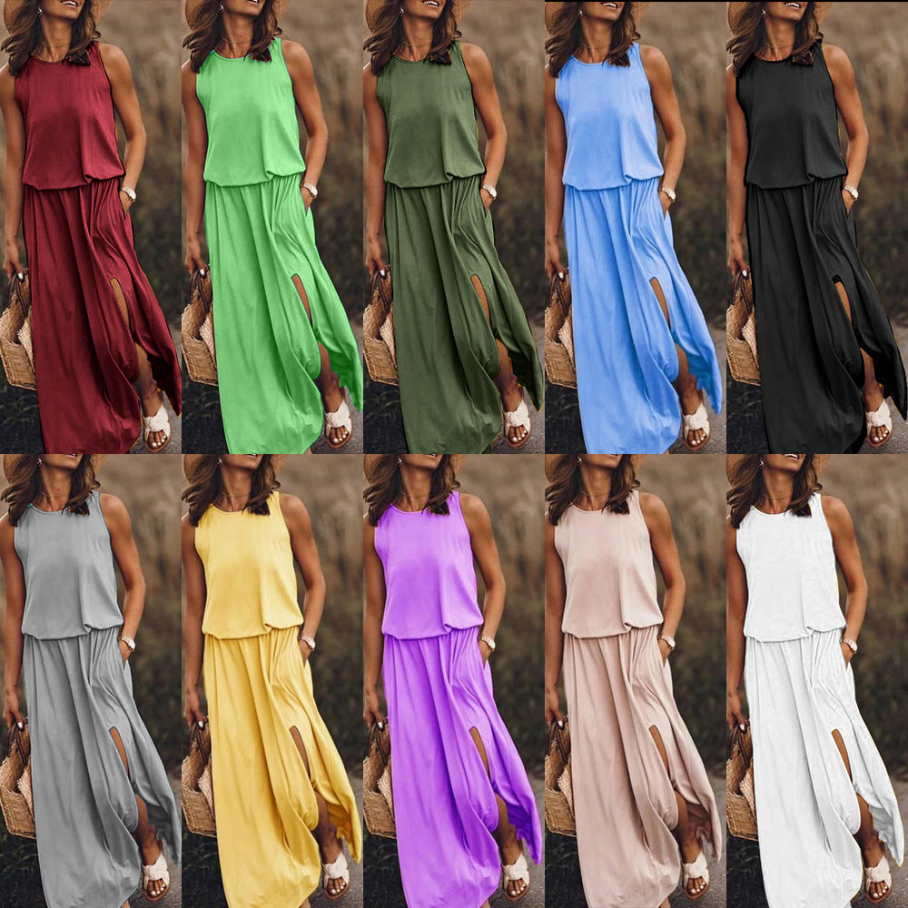 INSTOCK - summer women's round neck sleeveless dress with slit