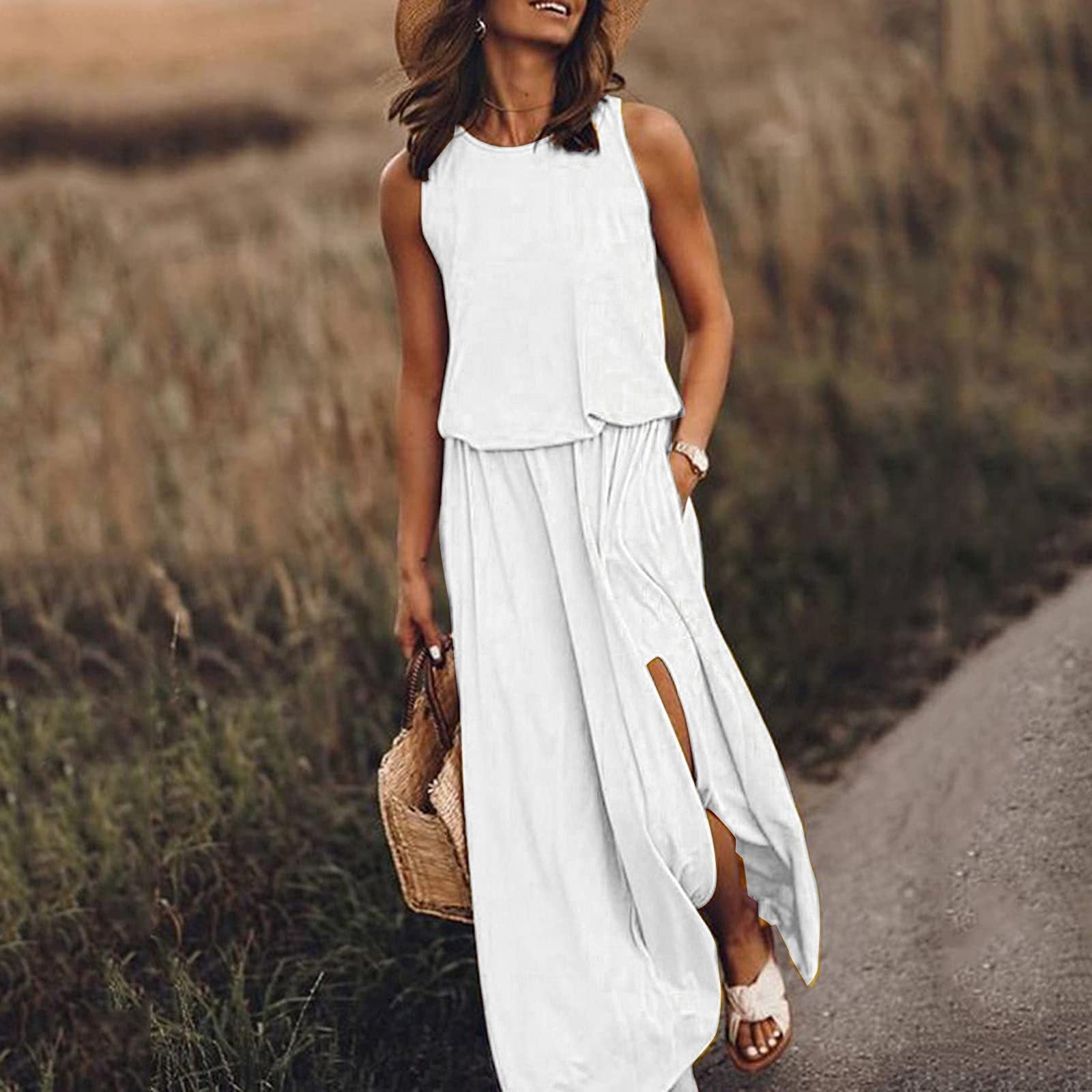 INSTOCK - summer women's round neck sleeveless dress with slit