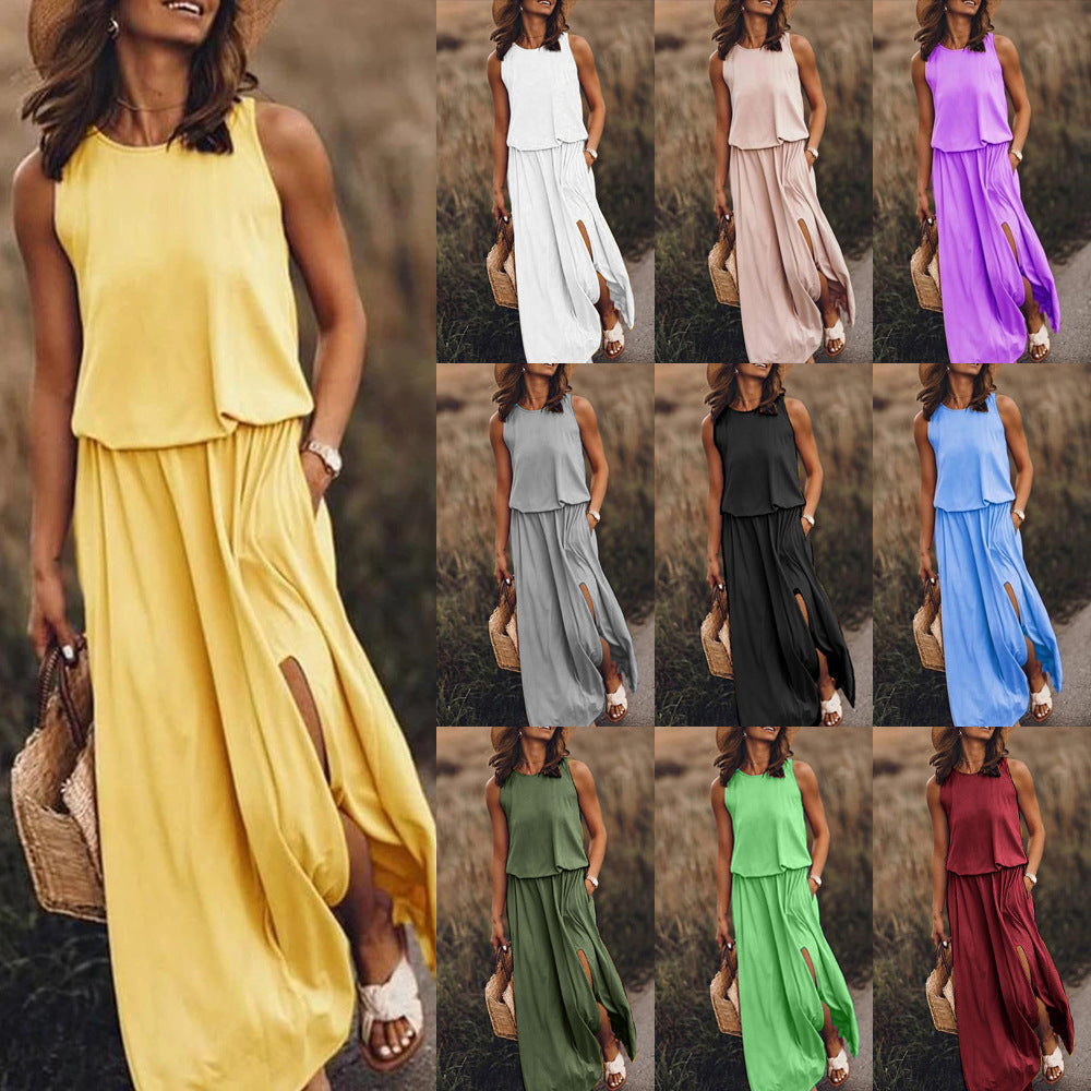 INSTOCK - summer women's round neck sleeveless dress with slit