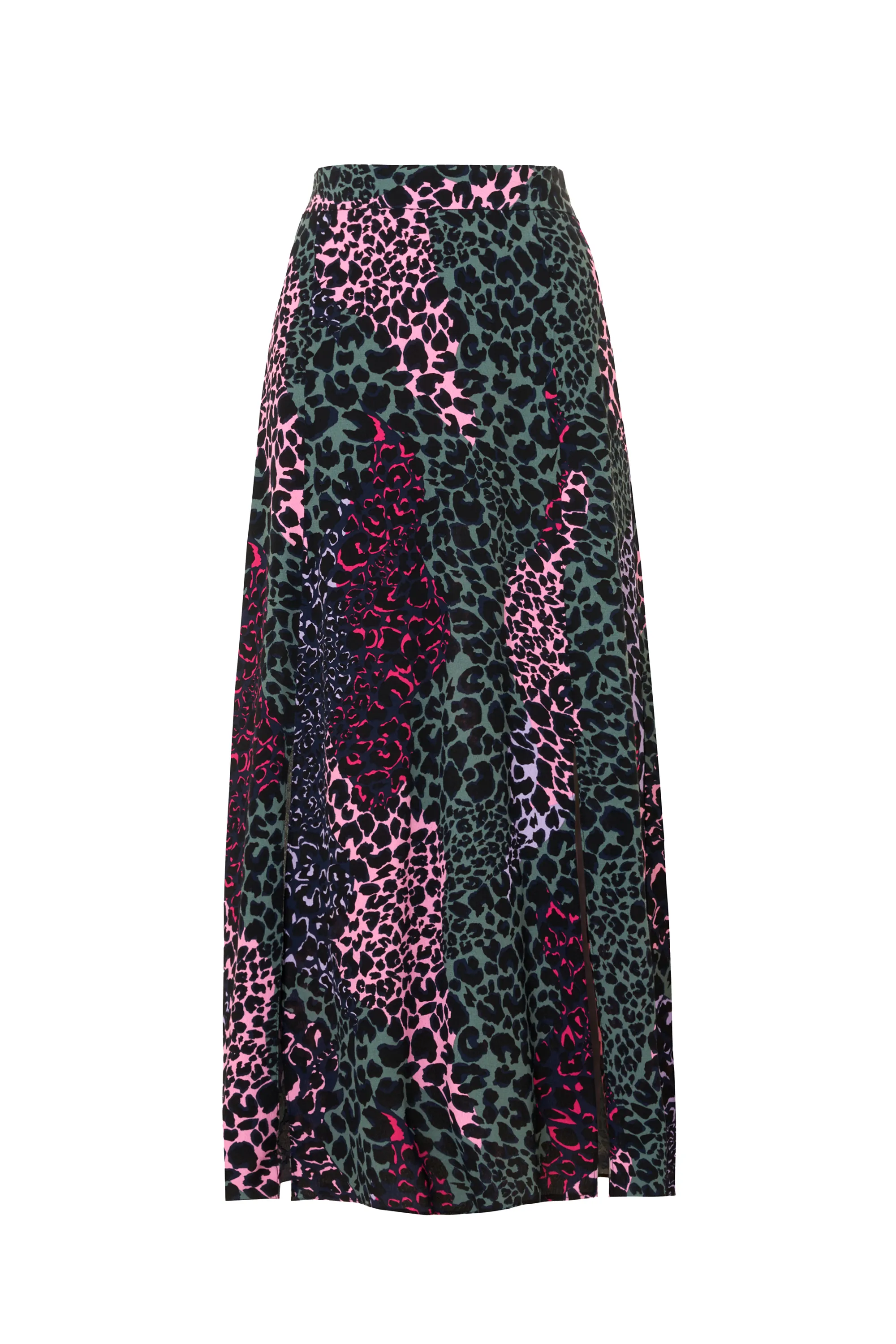 Khaki and Pink Spliced Leopard Split Front Skirt