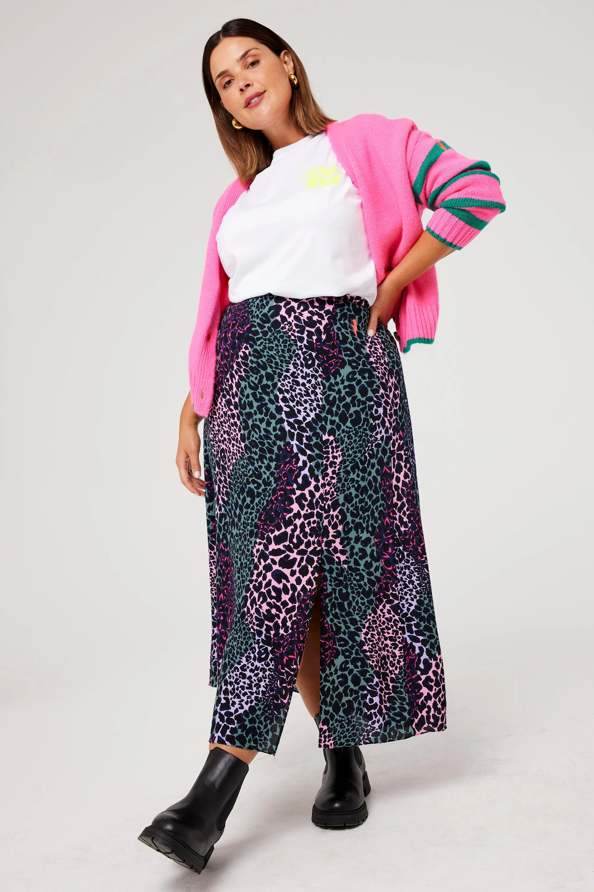 Khaki and Pink Spliced Leopard Split Front Skirt