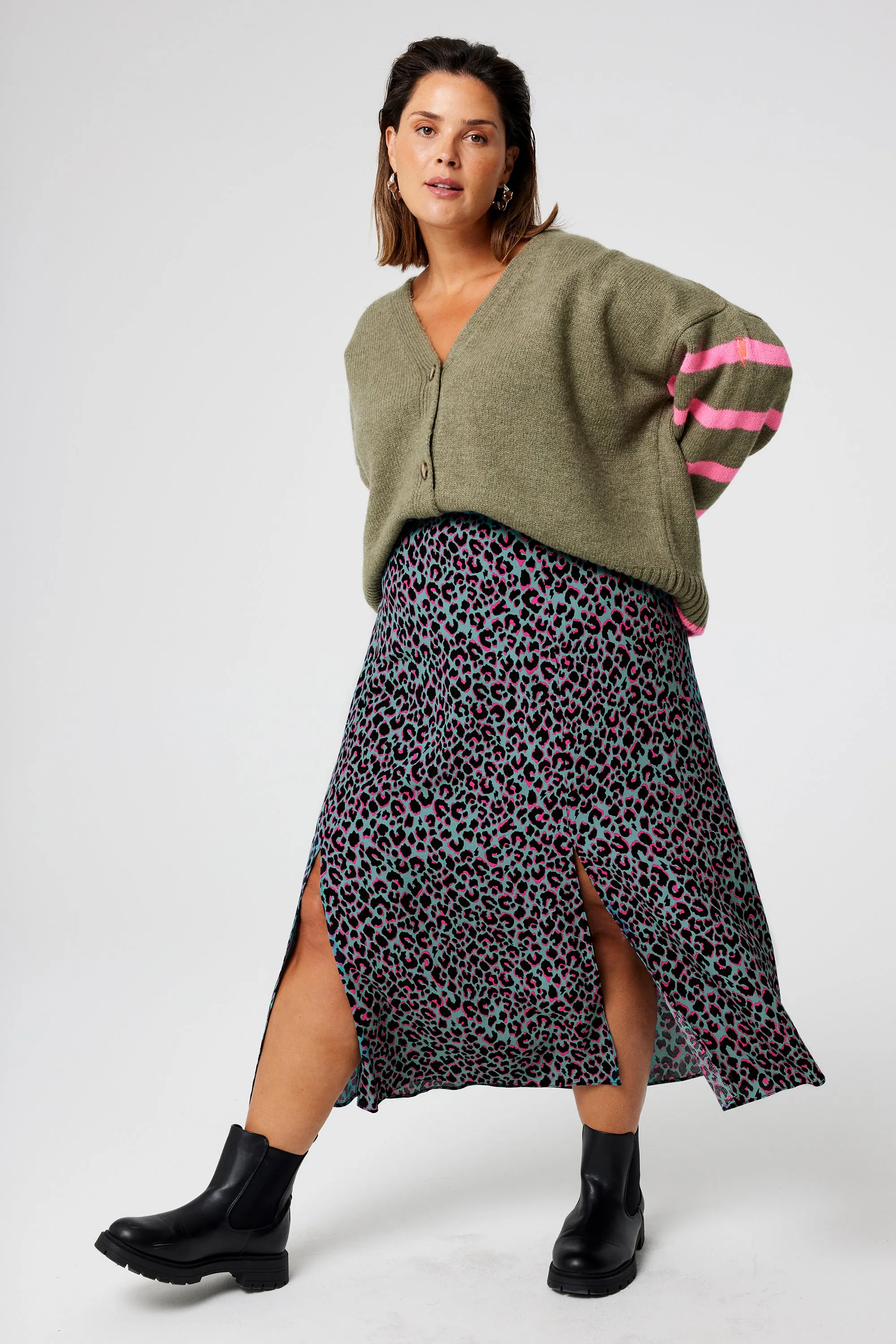 Khaki with Pink and Black Small Shadow Leopard Split Front Skirt