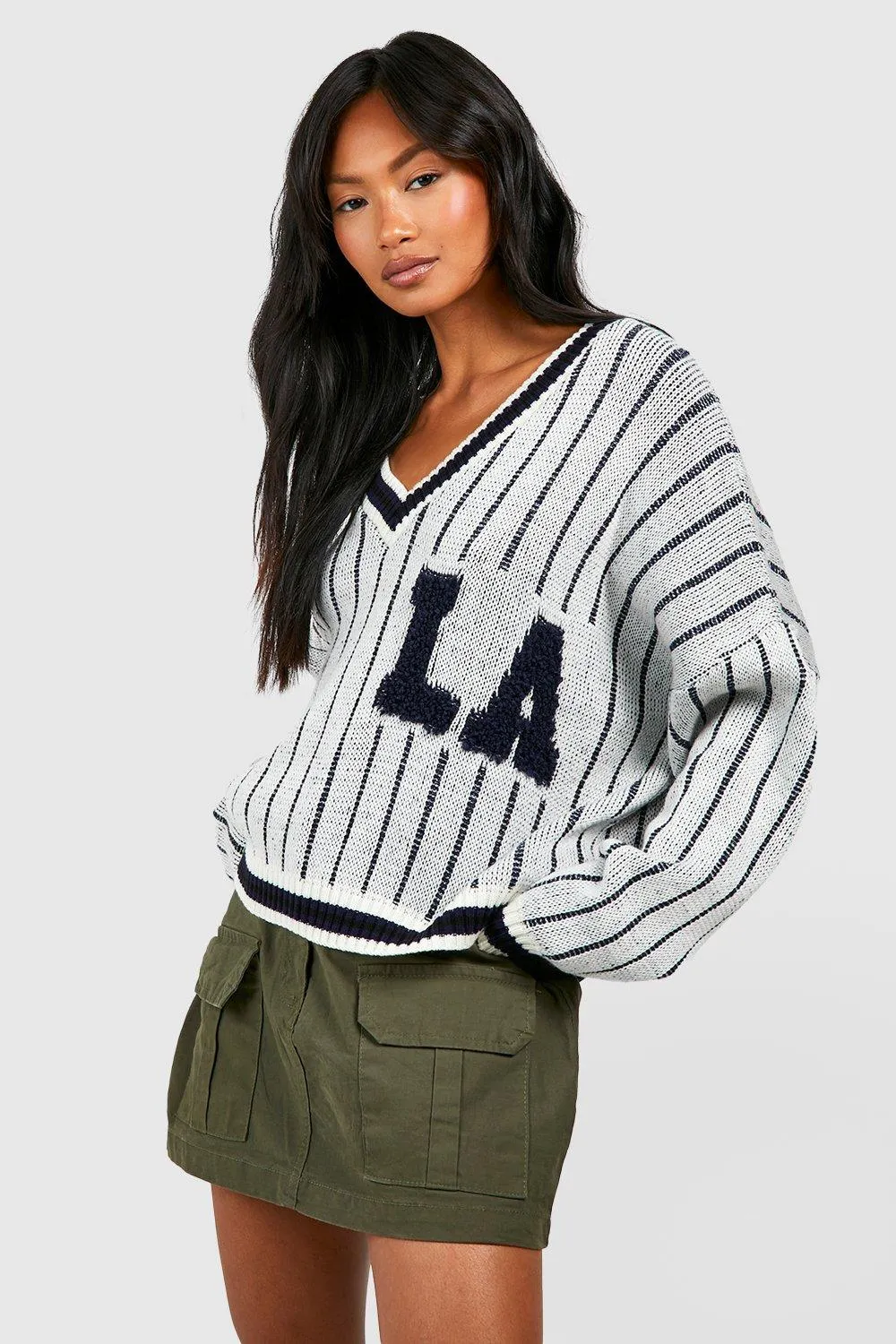 La Varsity Badge Cable Knit Crop Sweater