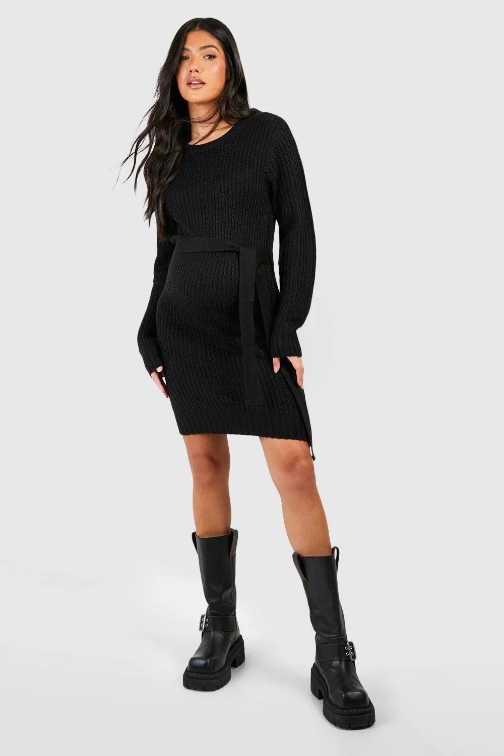 Maternity Soft Knit Tie Waist Sweater Dress