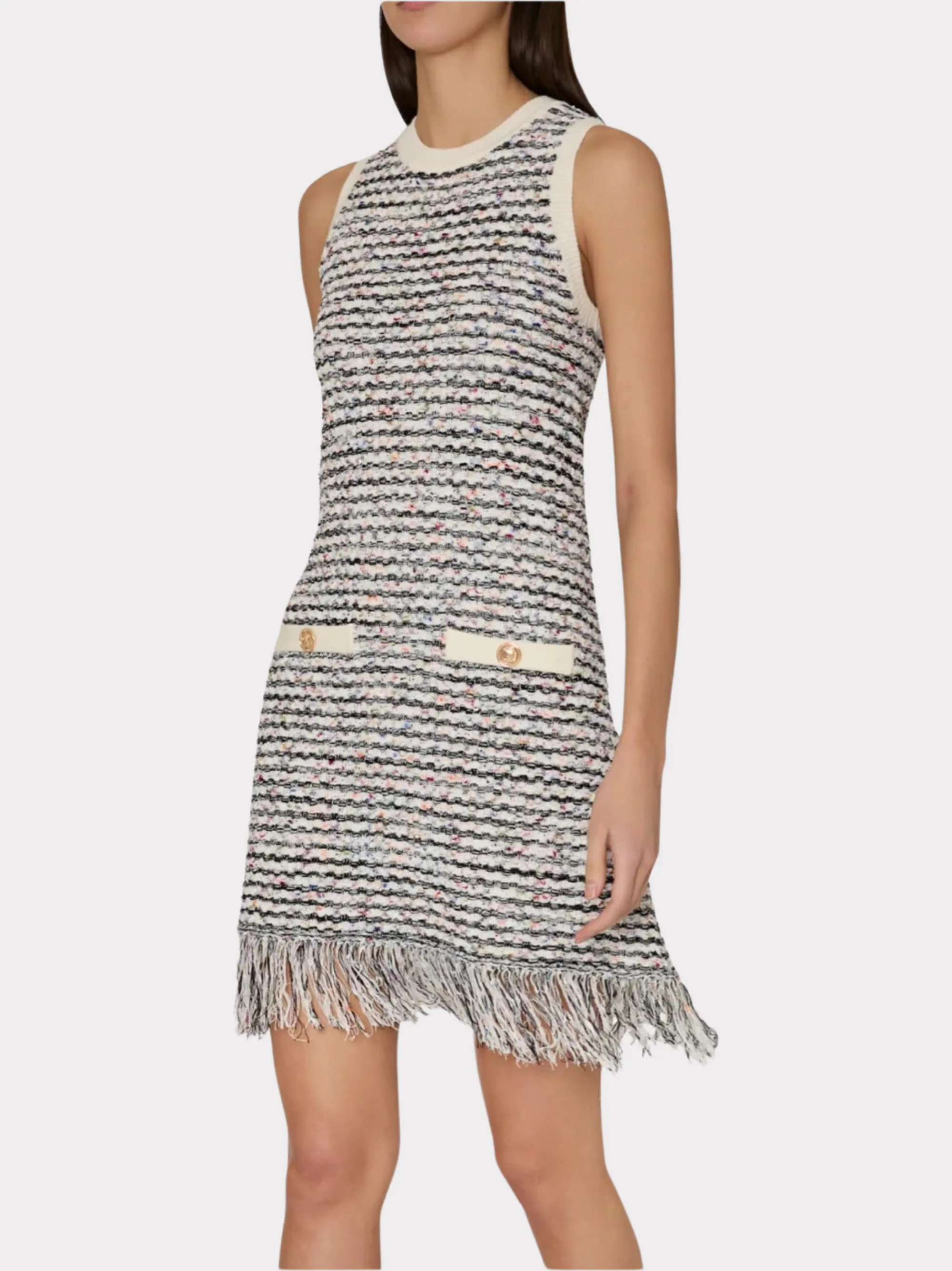 Milly Textured Fringe Knit Mini Dress in Ecru Multi