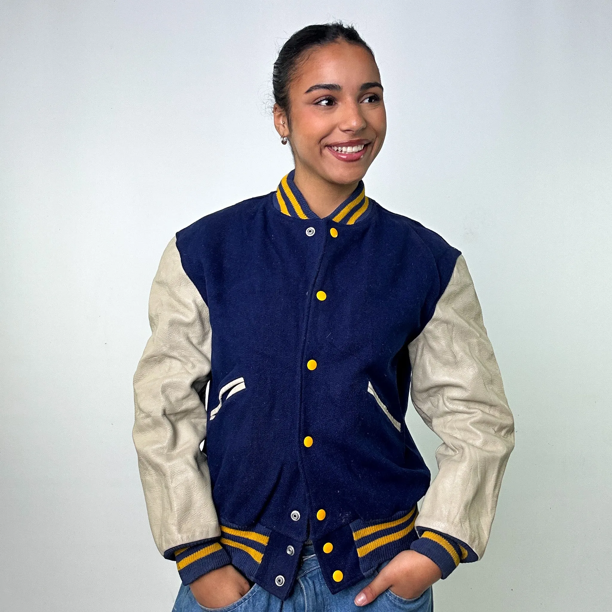 Navy Blue Vintage  Varsity Jacket Coat (M)