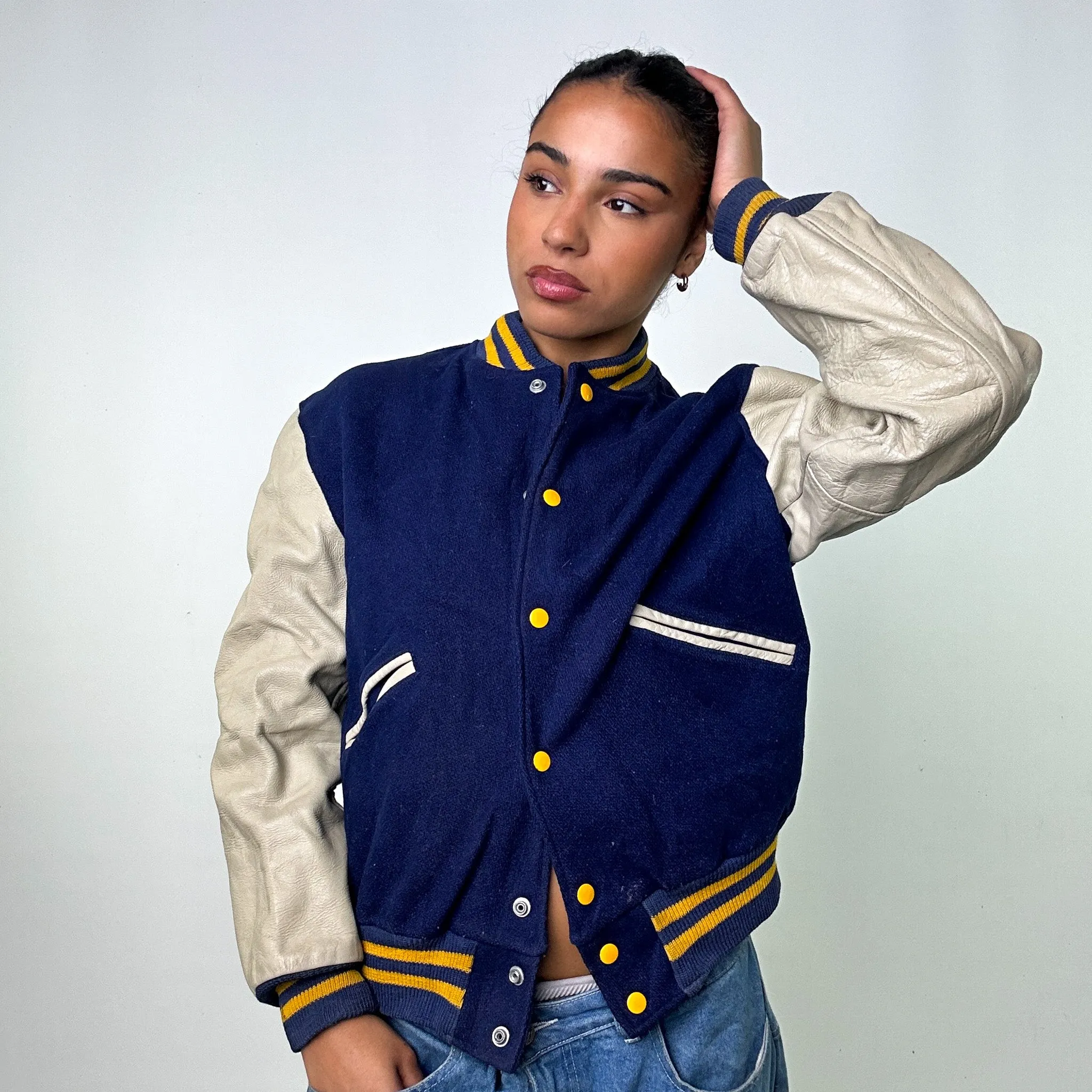 Navy Blue Vintage  Varsity Jacket Coat (M)