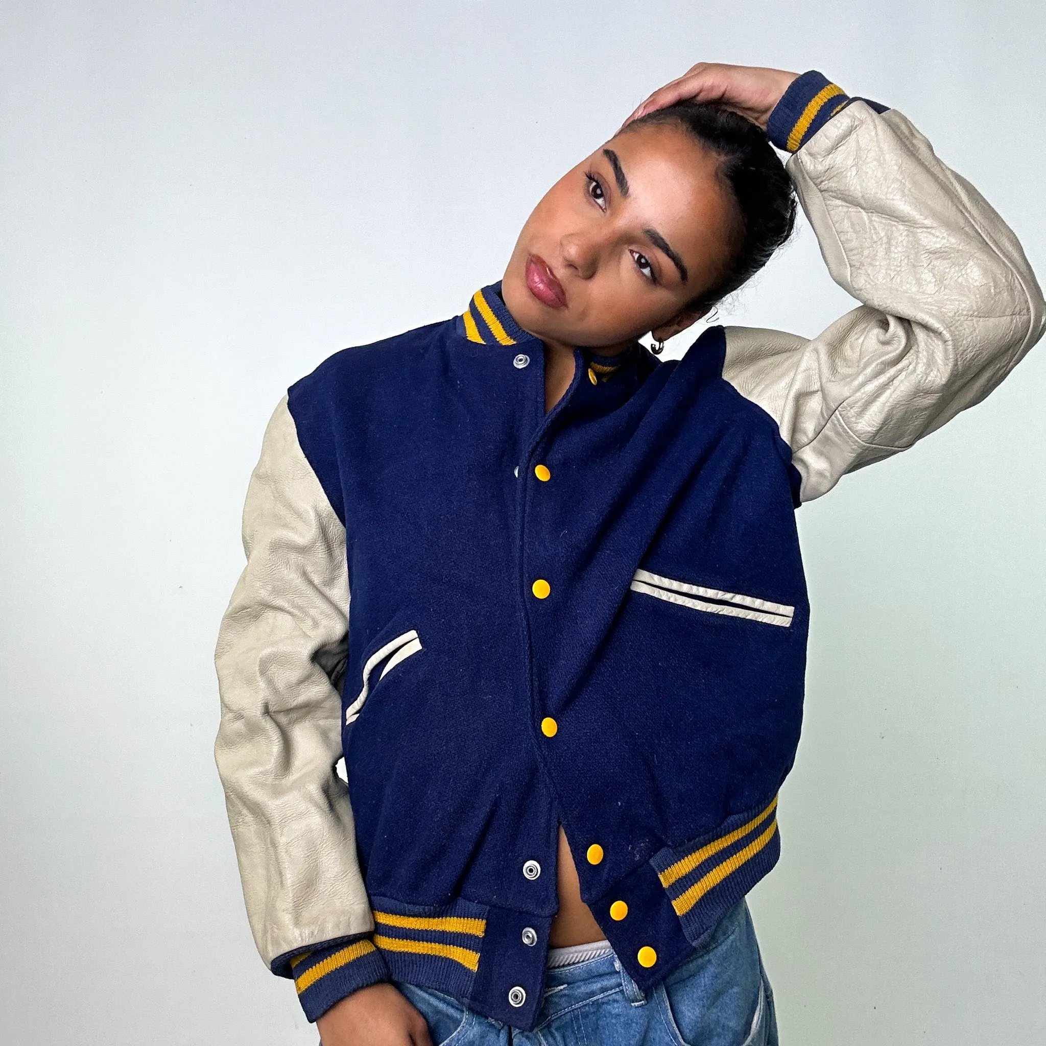 Navy Blue Vintage  Varsity Jacket Coat (M)