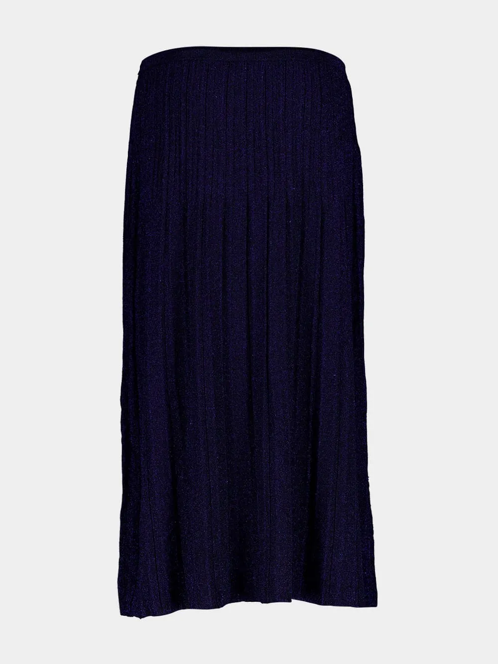 Navy Pleated Lurex Ribbed Midi Skirt