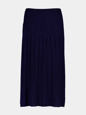 Navy Pleated Lurex Ribbed Midi Skirt