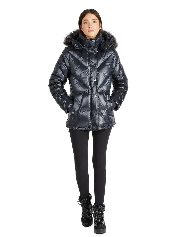 Pajar Womens Viktoria Quilted Puffer with Det Hood Fur Trim - BLACK