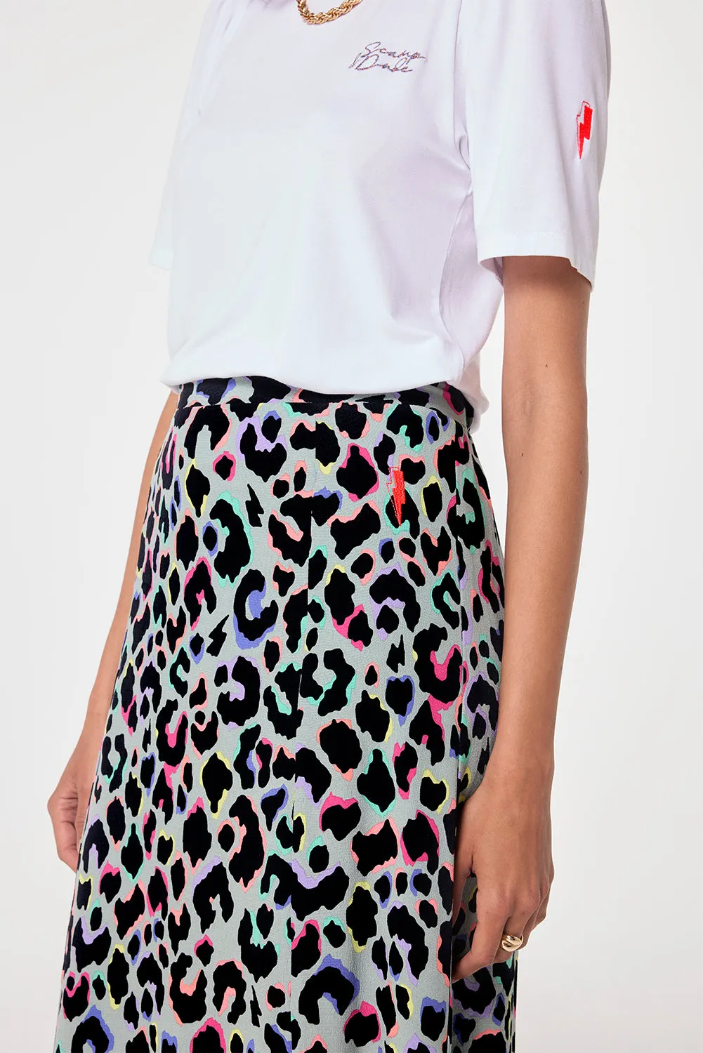 Pale Khaki with Rainbow Shadow Leopard Split Front Skirt