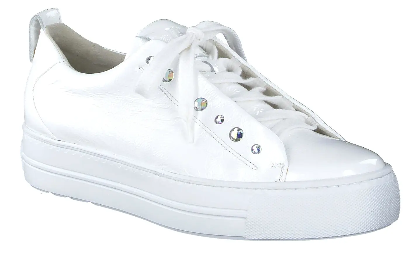 PAUL GREEN 5085 White patent leather platform trainer with diamante detail