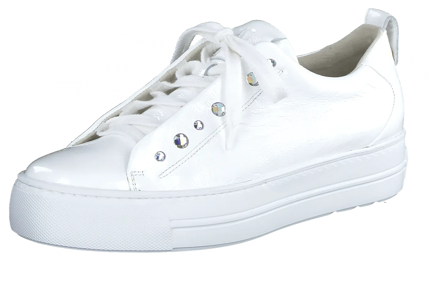 PAUL GREEN 5085 White patent leather platform trainer with diamante detail