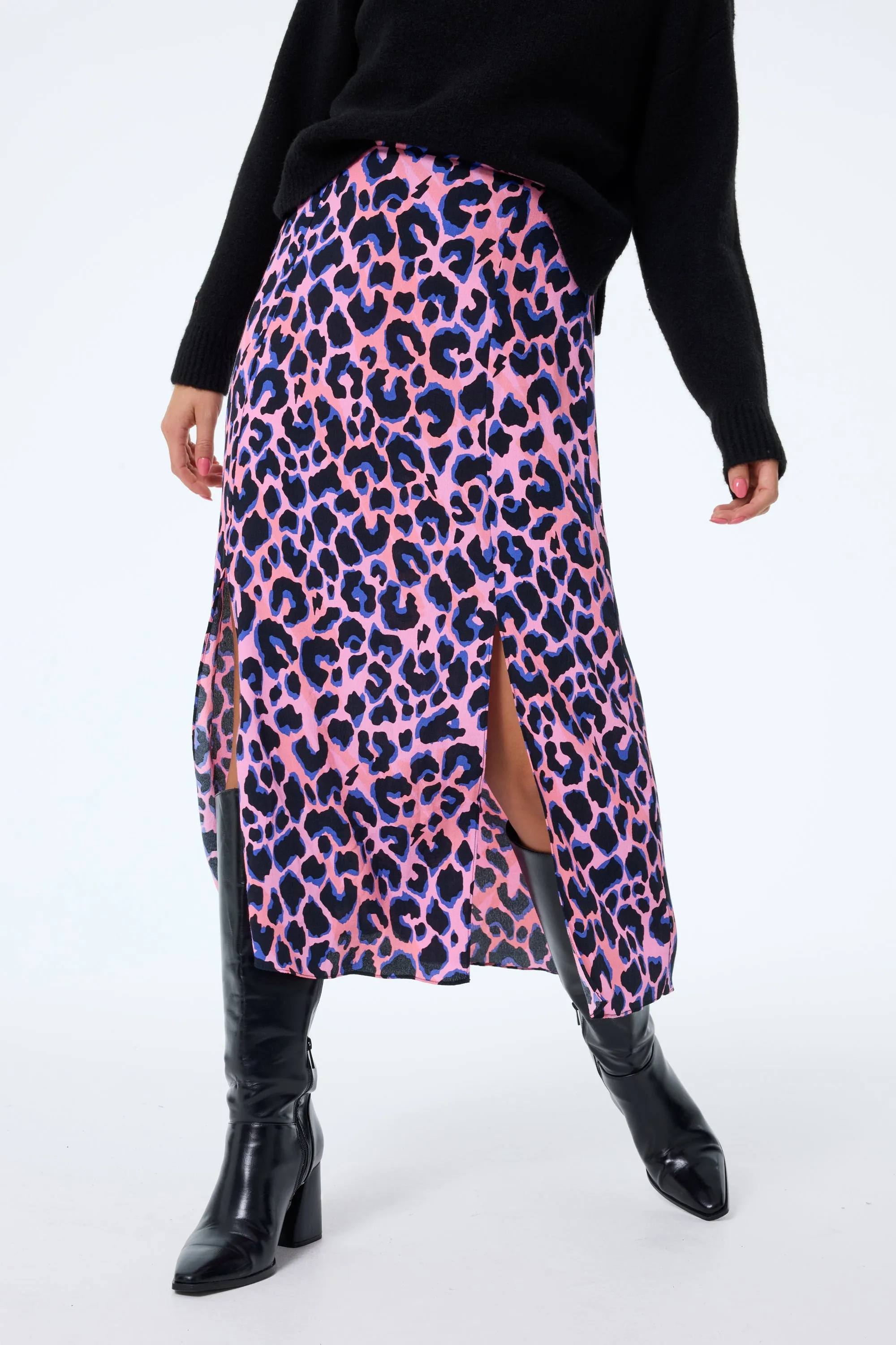 Pink with Blue and Black Shadow Leopard Split Front Skirt