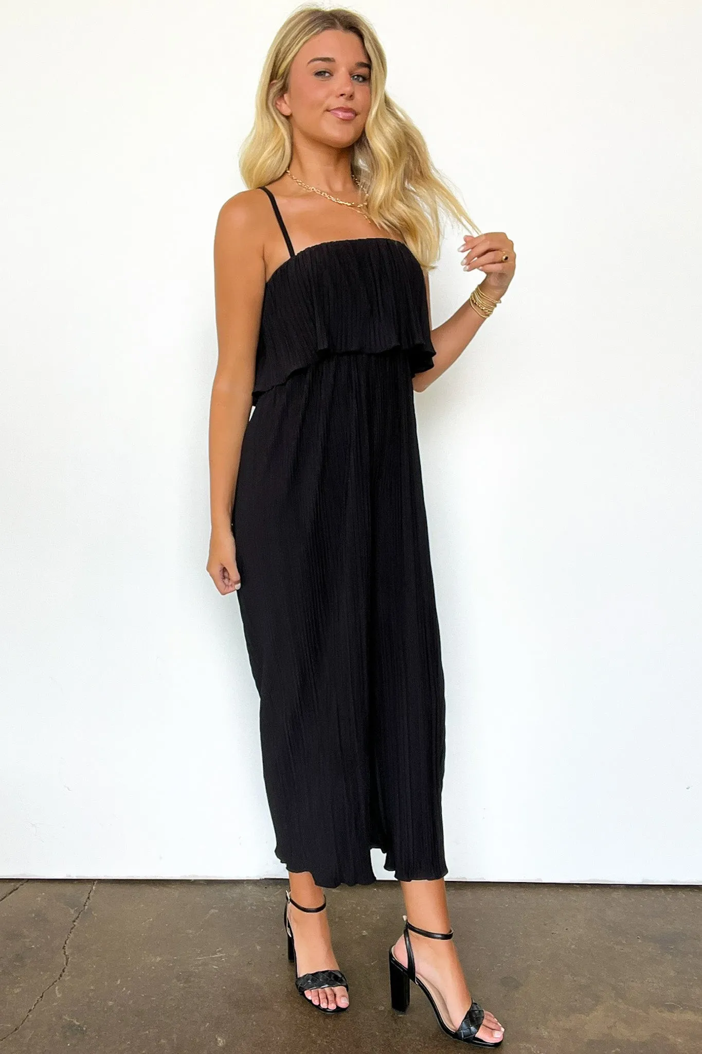 Pleated Wide Leg Flounce Jumpsuit