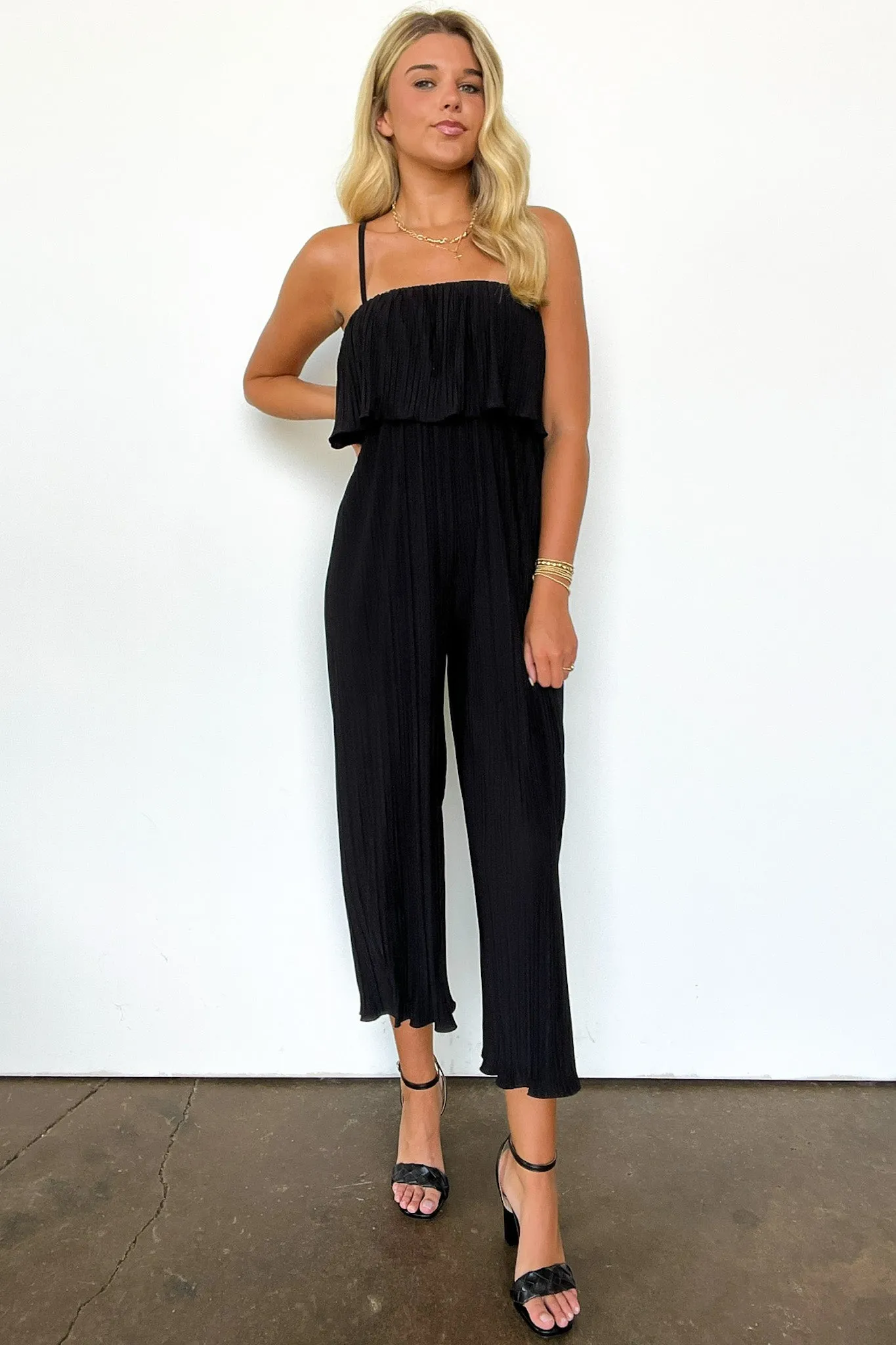 Pleated Wide Leg Flounce Jumpsuit