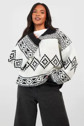 Plus Aztec Half Zip Oversized Sweater