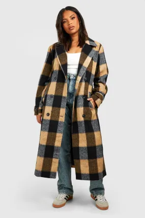 Plus Brushed Check Belted Wool Look Coat