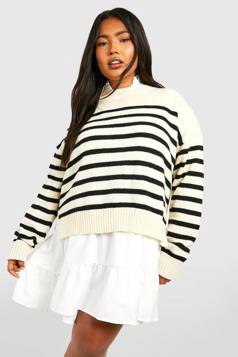 Plus Collared Stripe Sweater Smock Dress