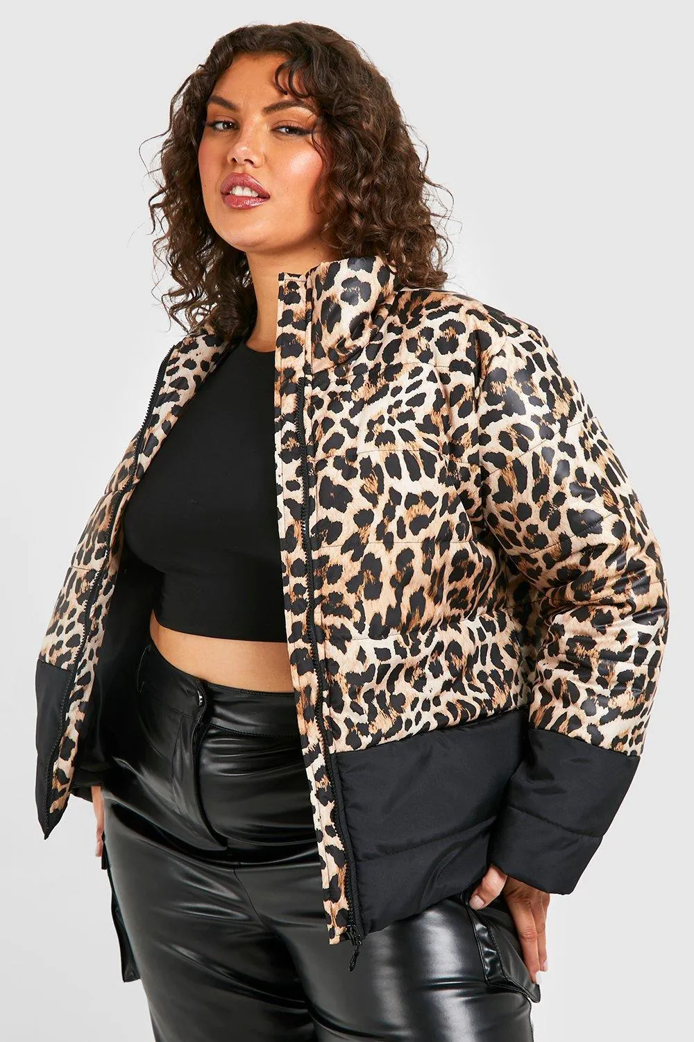 Plus Leopard Color Block Puffer