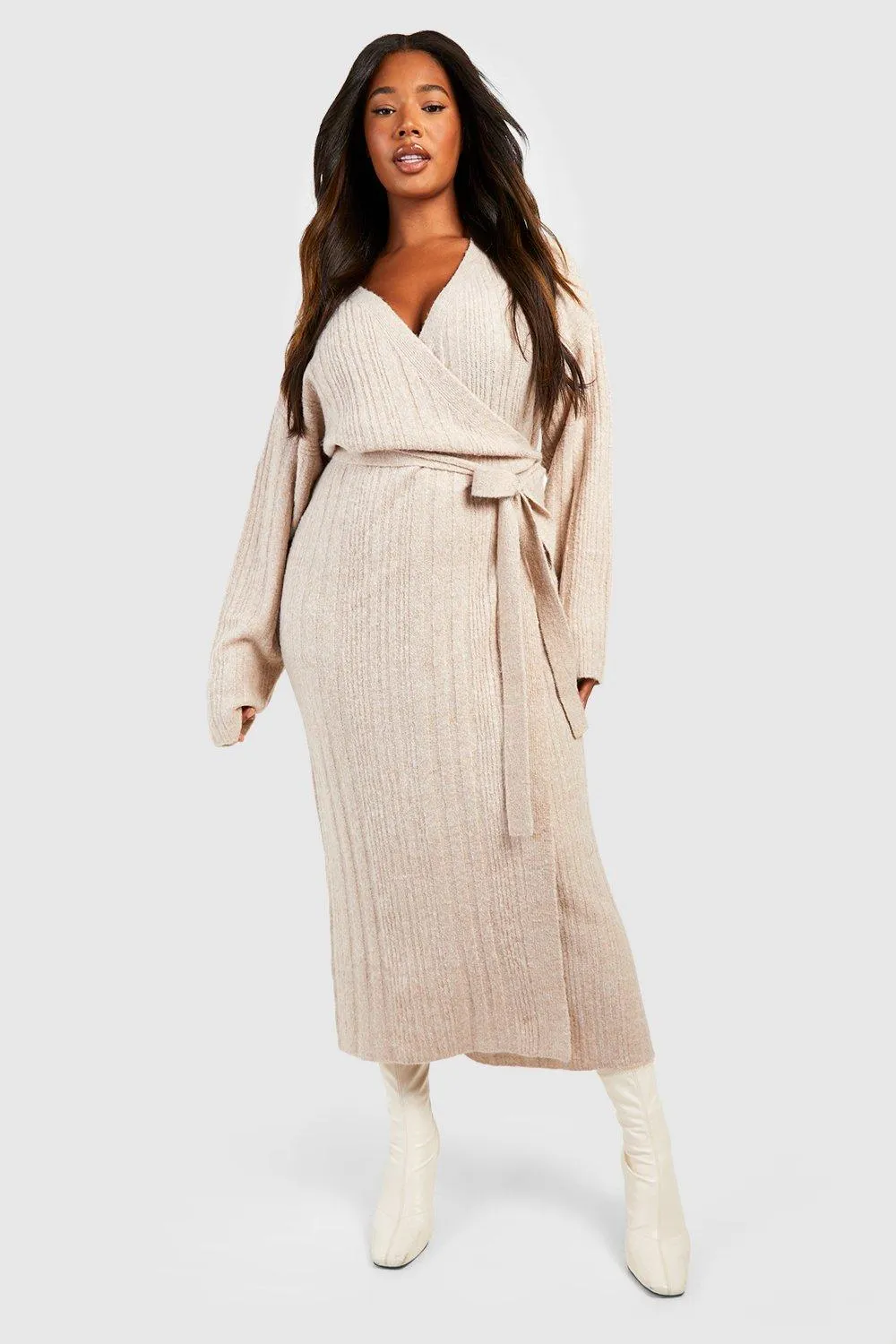 Plus Mixed Rib Wrap Sweater Dress