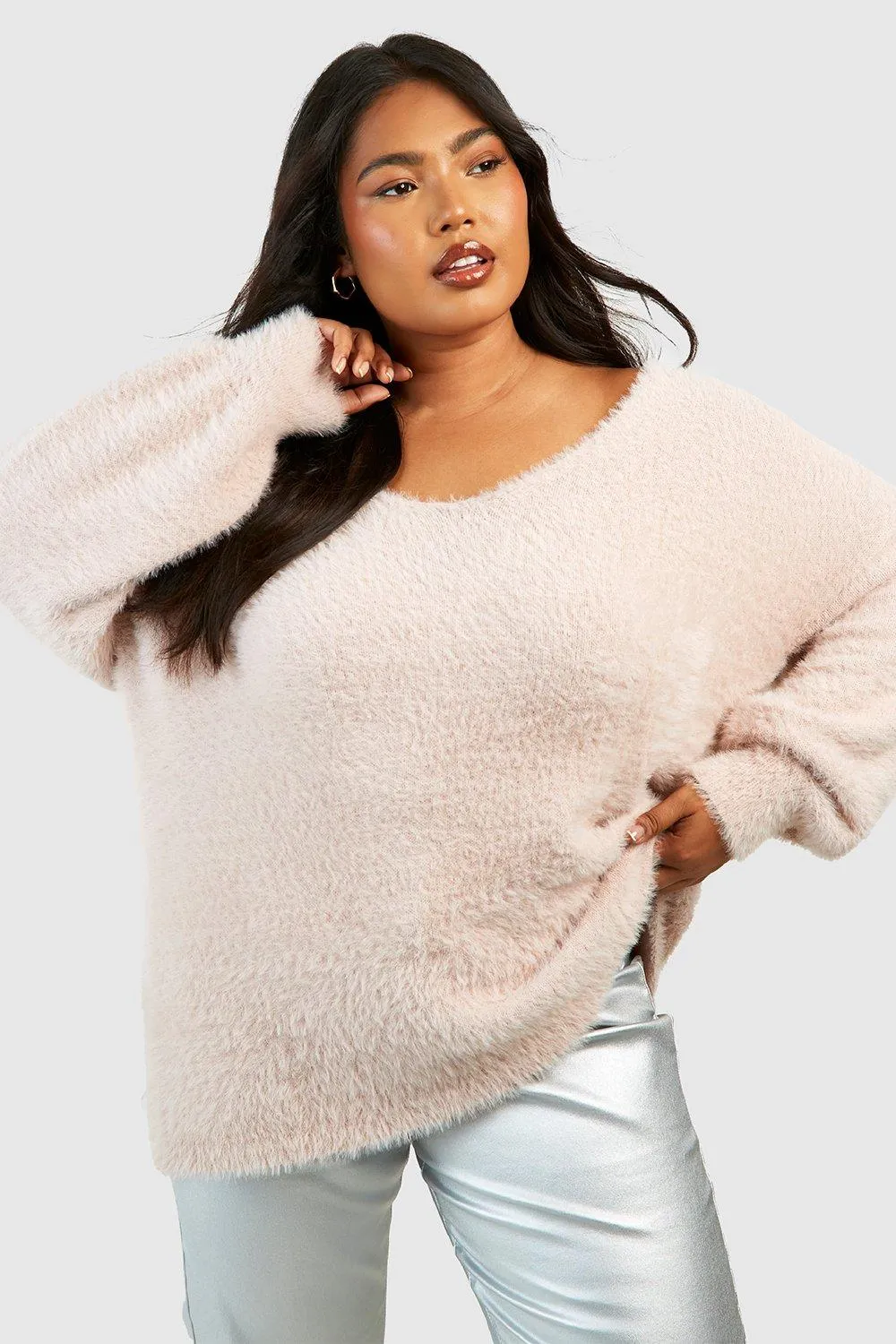 Plus V Neck Fluffy Knit Sweater