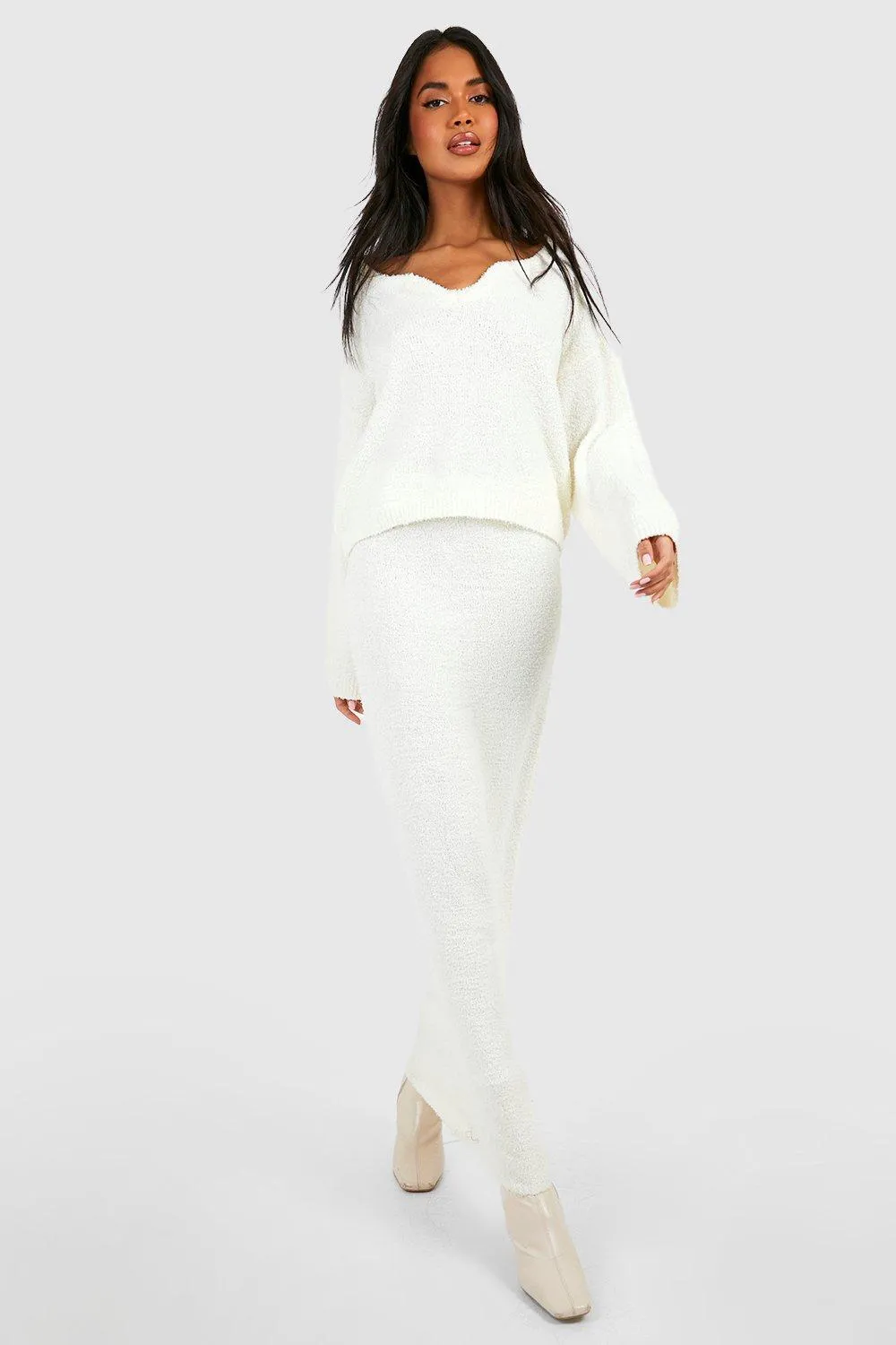 Premium Textured Notch Neck Sweater And Maxi Skirt Two-Piece