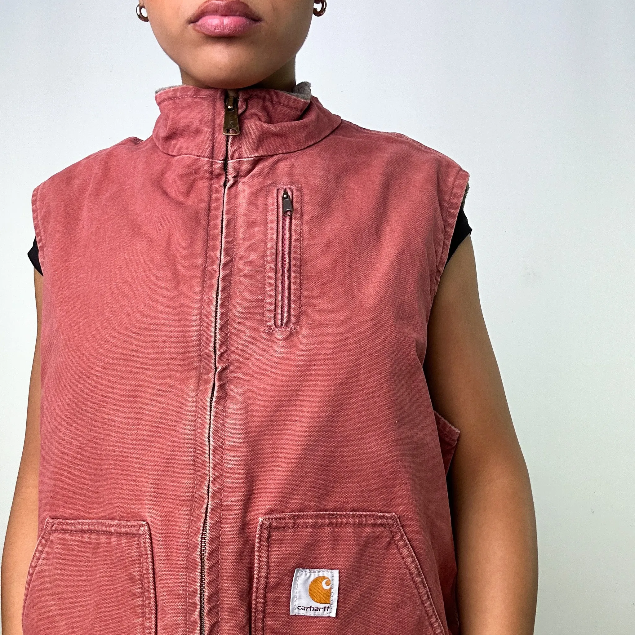 Red Vintage Carhartt Quilted Gilet Vest Workwear Jacket Coat (L)