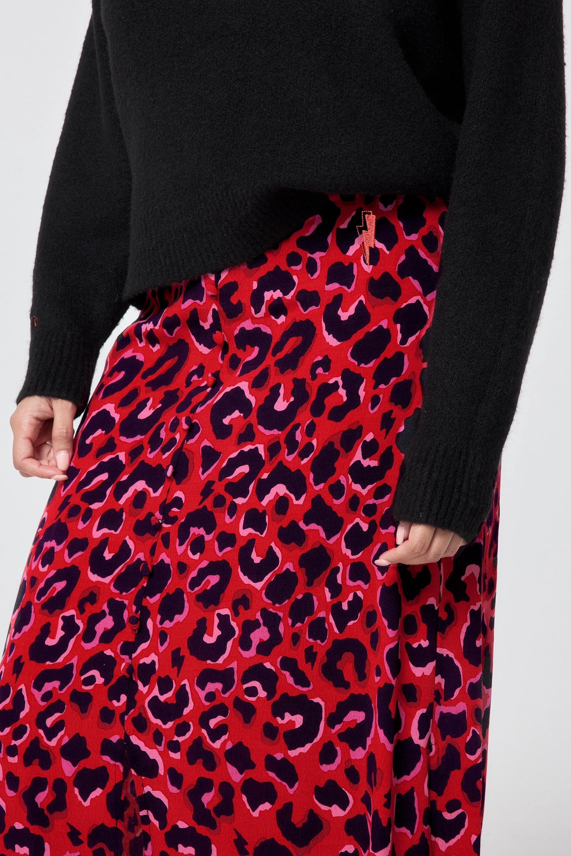 Red with Pink and Black Pop Leopard Button Through Skirt