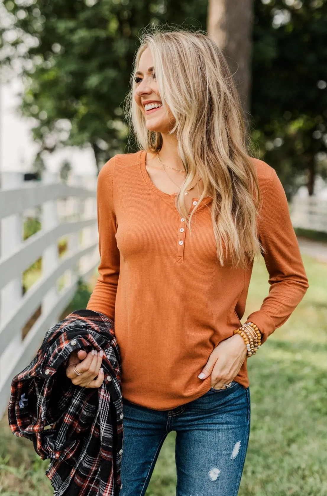 Rise To The Top Long Sleeve Henley Top- Dark Camel