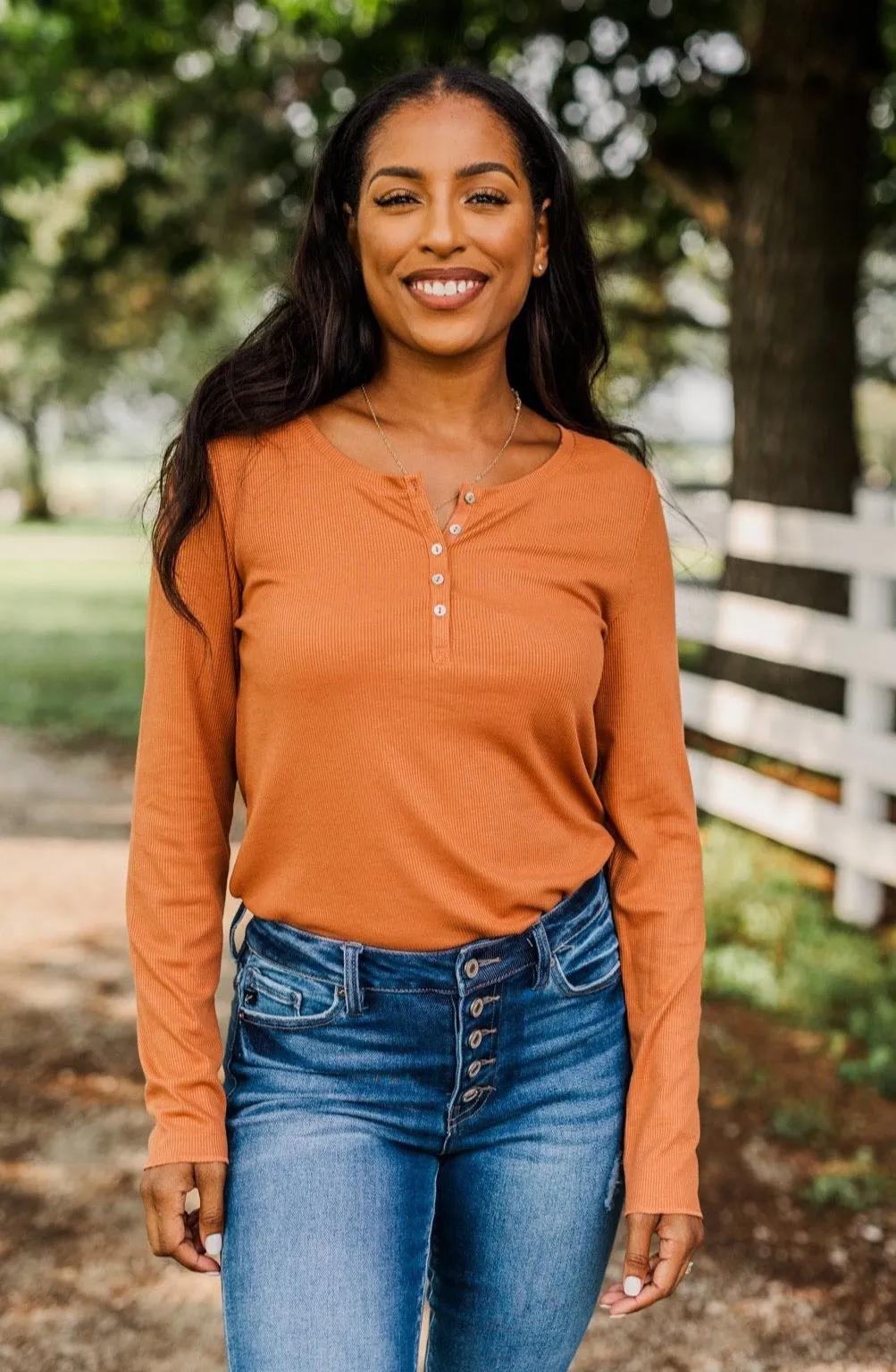 Rise To The Top Long Sleeve Henley Top- Dark Camel