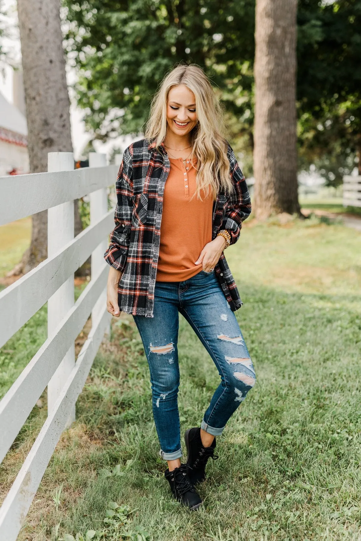 Rise To The Top Long Sleeve Henley Top- Dark Camel