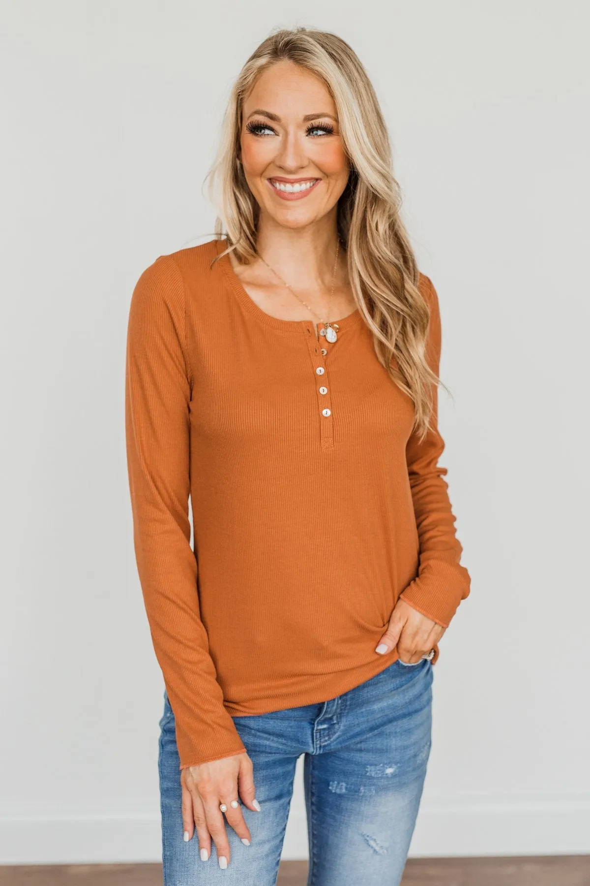 Rise To The Top Long Sleeve Henley Top- Dark Camel