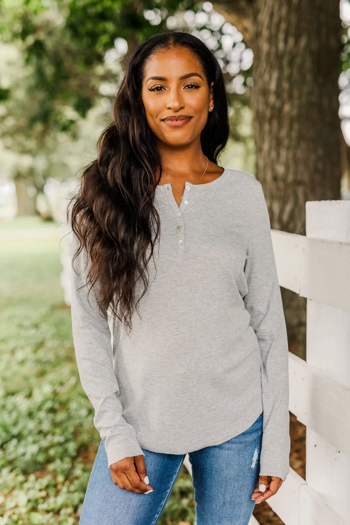 Rise To The Top Long Sleeve Henley Top- Heather Gray