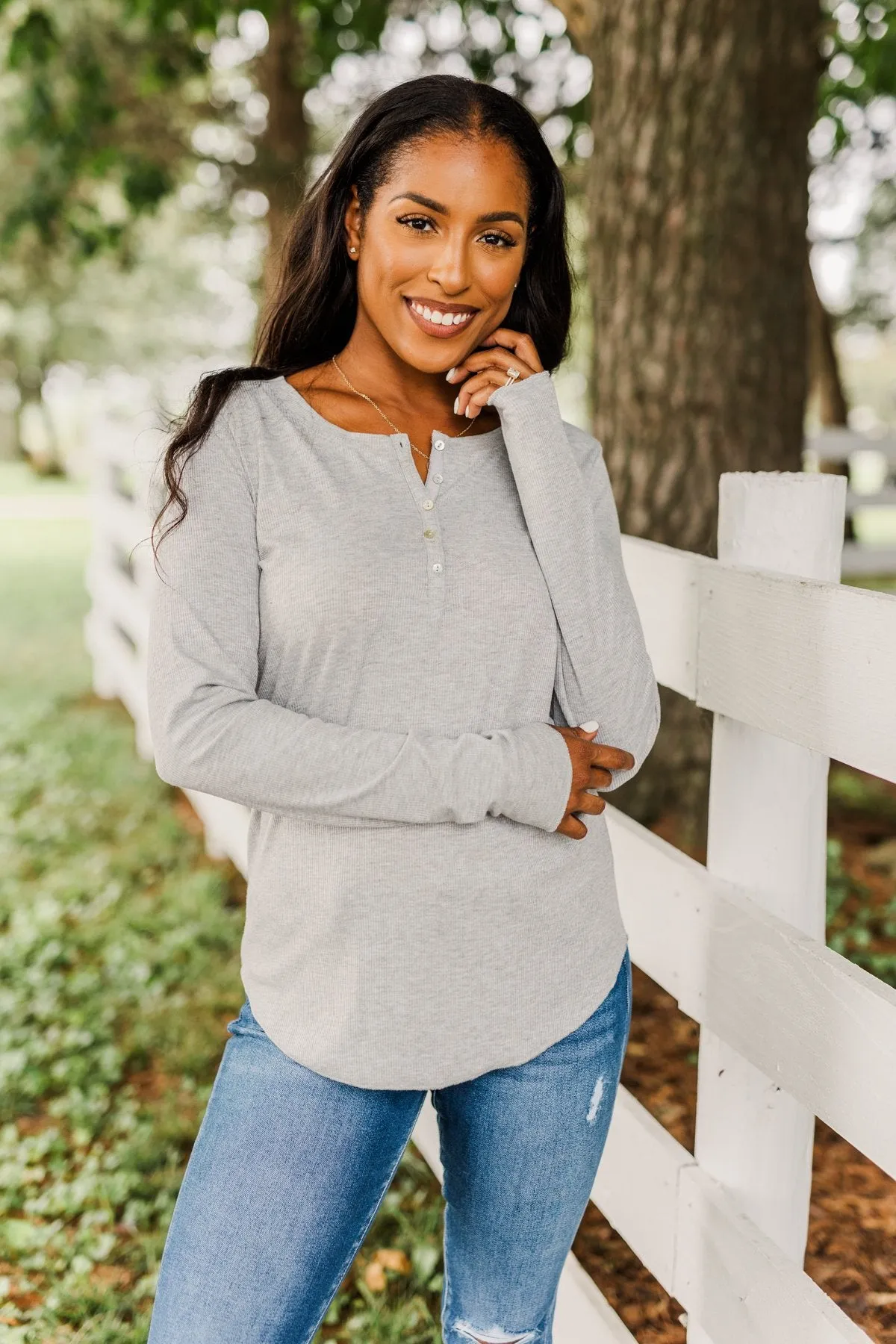 Rise To The Top Long Sleeve Henley Top- Heather Gray